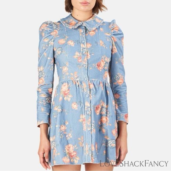 LOVESHACKFANCY **NWT** Beyers Corduroy Mini Dress in Faded Denim Floral - Picture 6 of 16